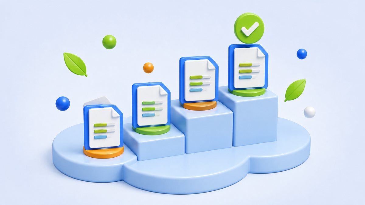 Four ascending steps, each holding a document, leading to a checkmark.