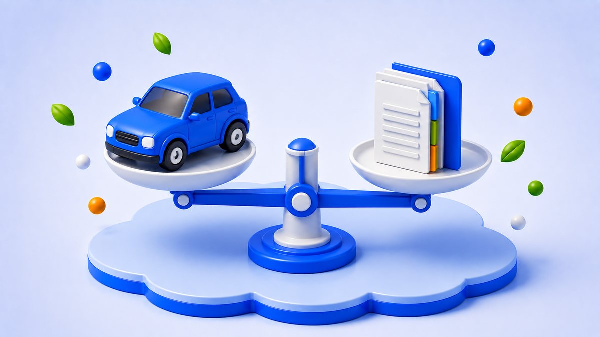A car on one side of a balance scale and a stack of documents on the other.