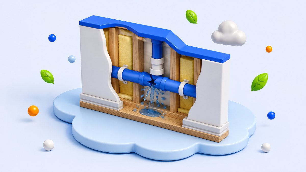 Cutaway of a wall showing a burst pipe, with a checkmark on one side and a cross on the other.