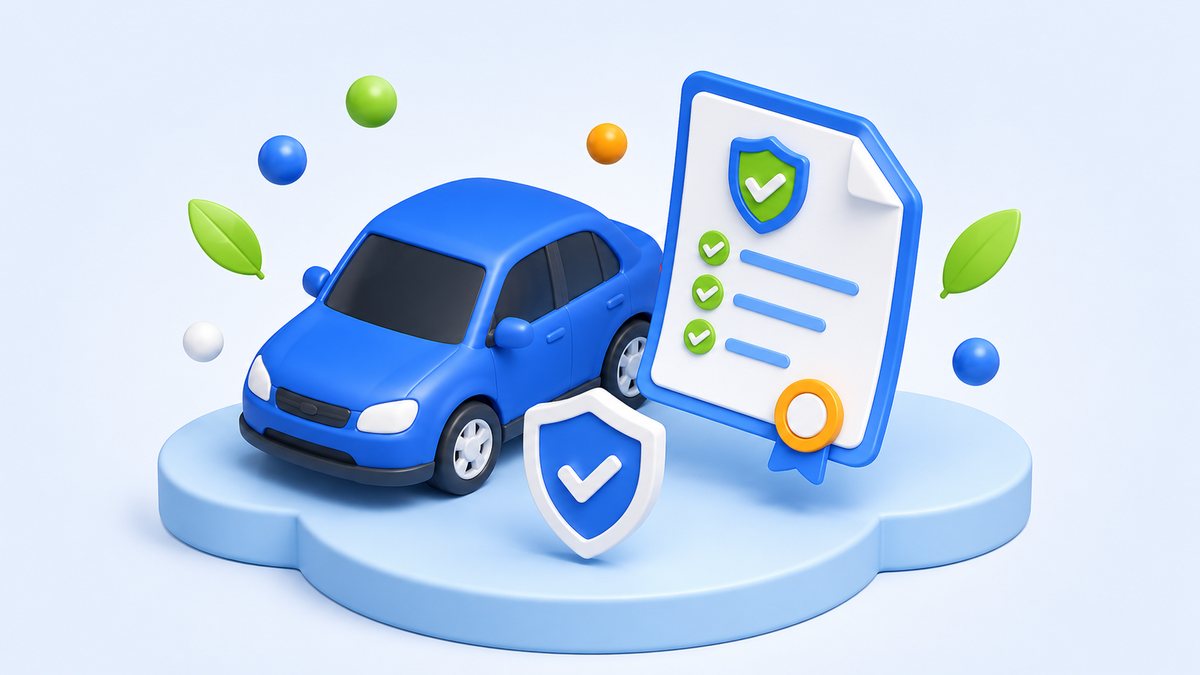 A simplified car connected by a dotted line to an insurance document with highlighted passages.